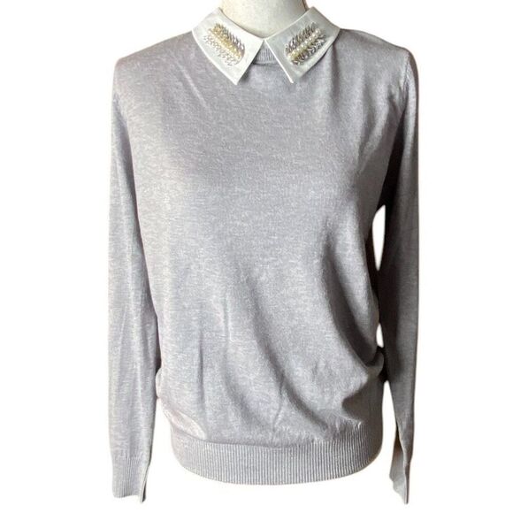 Sioni Milano Womens Gray Ivory Pearl Rhinestone Collar Pullover Sweater Large - Picture 1 of 6